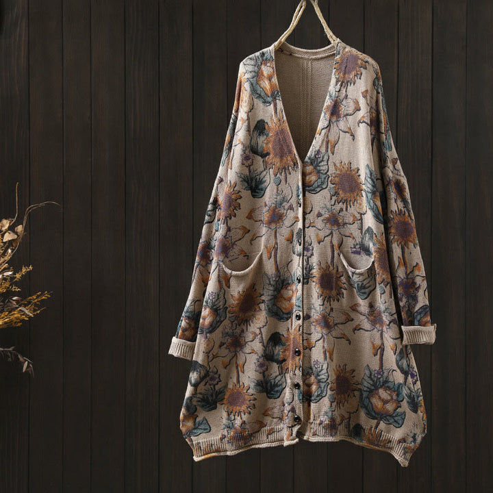 Cárdigan de punto de manga larga para mujer con botones, botones y bolsillos, estampado de girasoles y Buddha Stones. - Beige - US4-8/10, UK/AU8-12/14, EU36-40/42 (F) - image 17