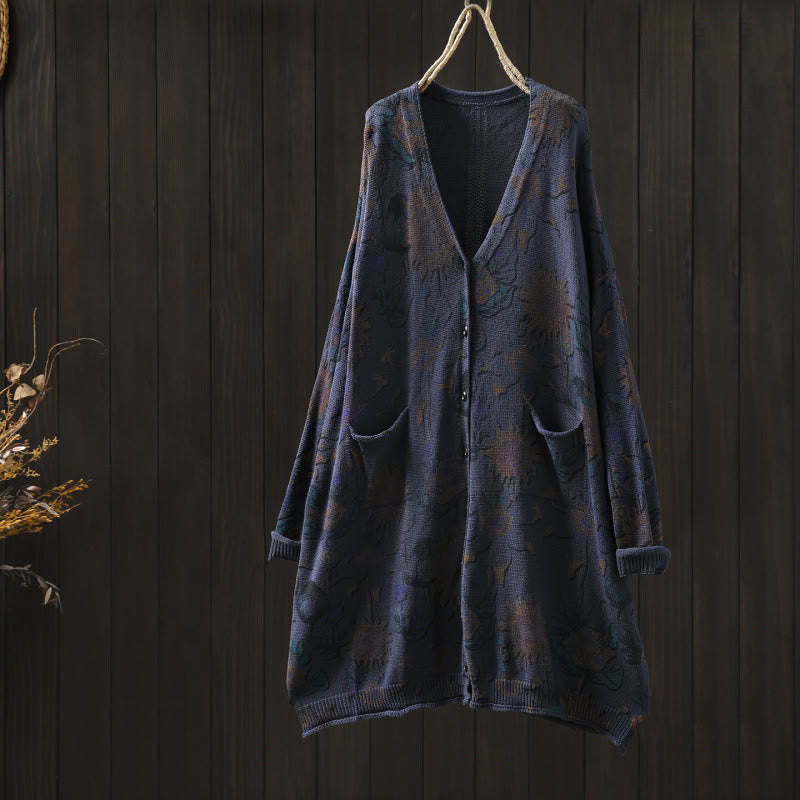 Cárdigan de punto de manga larga para mujer con botones, botones y bolsillos, estampado de girasoles y Buddha Stones. - Azul medianoche - US4-8/10, UK/AU8-12/14, EU36-40/42 (F) - image 23