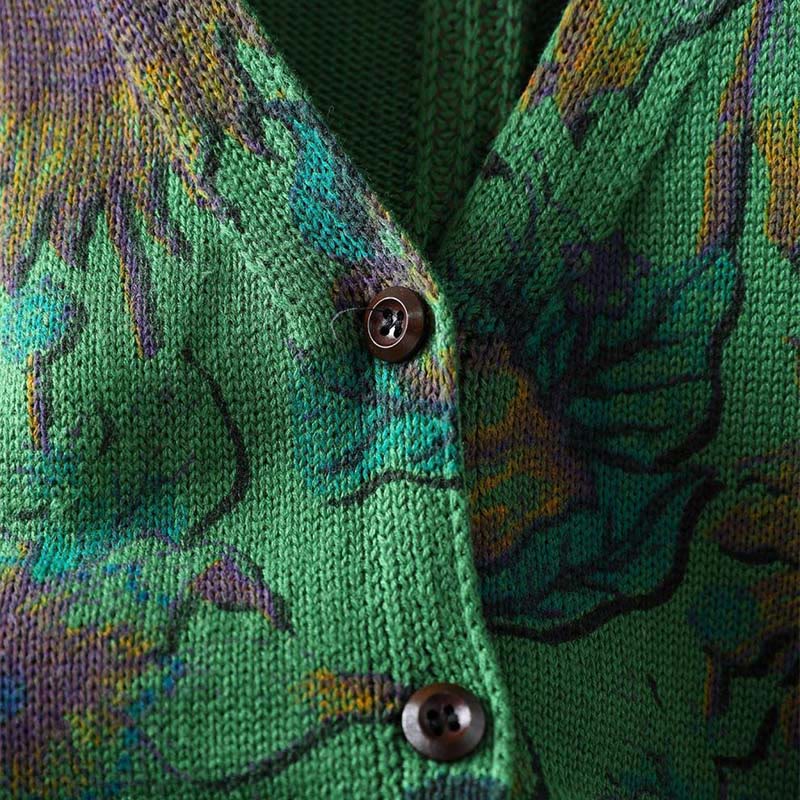 Cárdigan de punto de manga larga para mujer con botones, botones y bolsillos, estampado de girasoles y Buddha Stones. - image 5