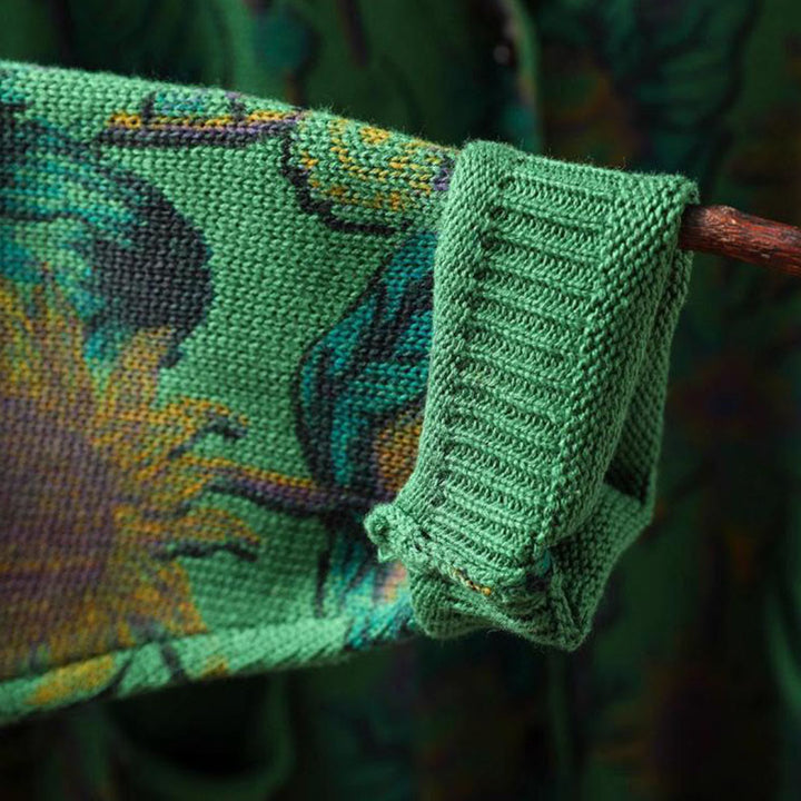 Cárdigan de punto de manga larga para mujer con botones, botones y bolsillos, estampado de girasoles y Buddha Stones. - image 10