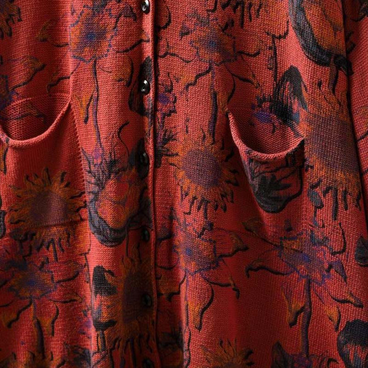 Cárdigan de punto de manga larga para mujer con botones, botones y bolsillos, estampado de girasoles y Buddha Stones. - image 14