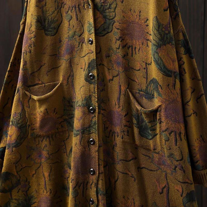 Cárdigan de punto de manga larga para mujer con botones, botones y bolsillos, estampado de girasoles y Buddha Stones. - image 16