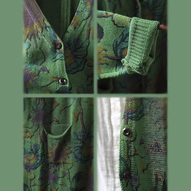 Cárdigan de punto de manga larga para mujer con botones, botones y bolsillos, estampado de girasoles y Buddha Stones. - image 11