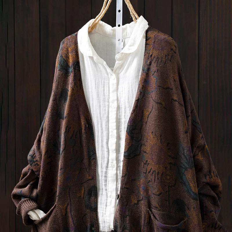 Cárdigan de punto de manga larga para mujer con botones, botones y bolsillos, estampado de girasoles y Buddha Stones. - image 22