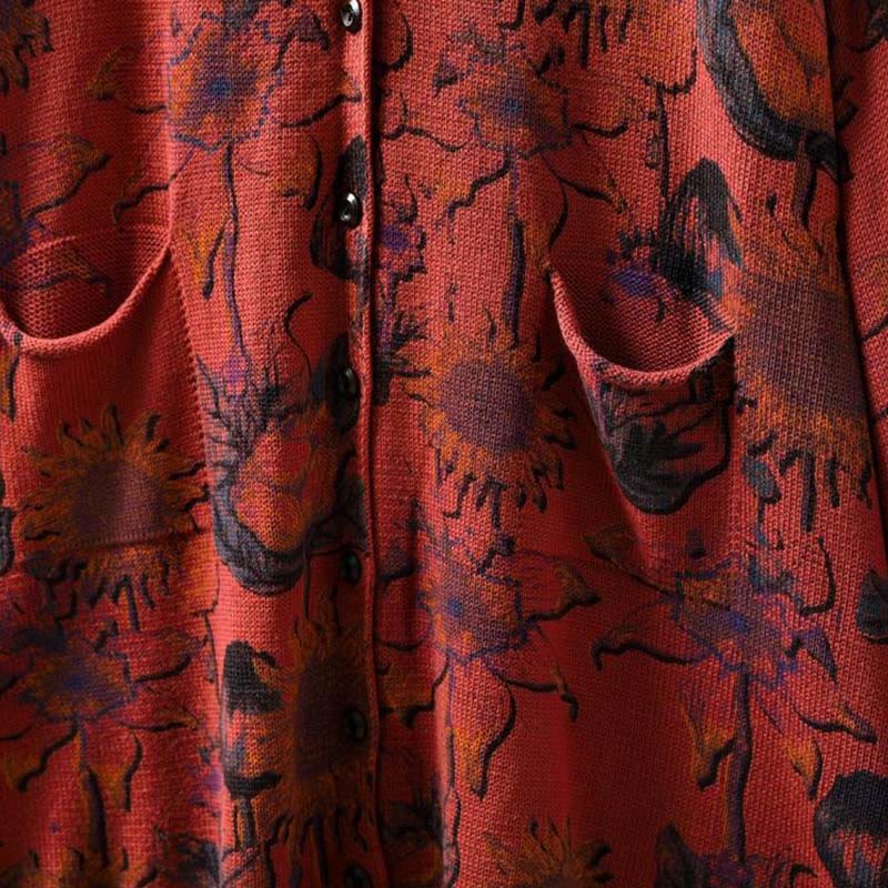 Cárdigan de punto de manga larga para mujer con botones, botones y bolsillos, estampado de girasoles y Buddha Stones. - image 14