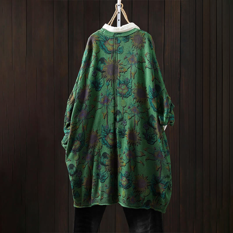 Cárdigan de punto de manga larga para mujer con botones, botones y bolsillos, estampado de girasoles y Buddha Stones. - image 2