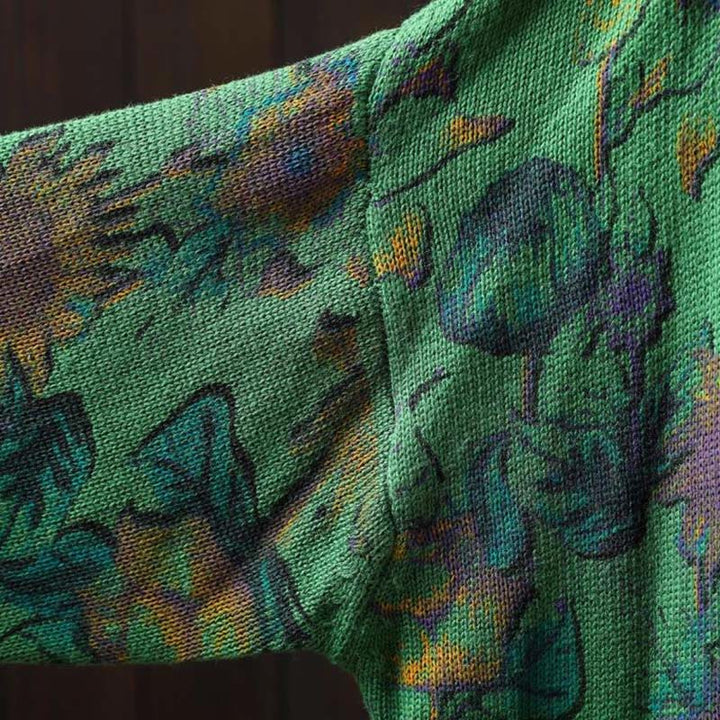 Cárdigan de punto de manga larga para mujer con botones, botones y bolsillos, estampado de girasoles y Buddha Stones. - image 9