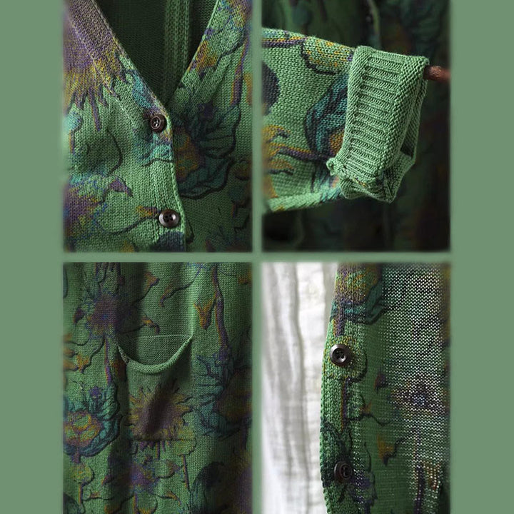 Cárdigan de punto de manga larga para mujer con botones, botones y bolsillos, estampado de girasoles y Buddha Stones. - image 11