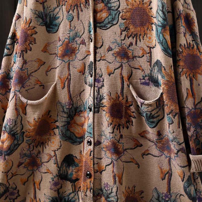 Cárdigan de punto de manga larga para mujer con botones, botones y bolsillos, estampado de girasoles y Buddha Stones. - image 18