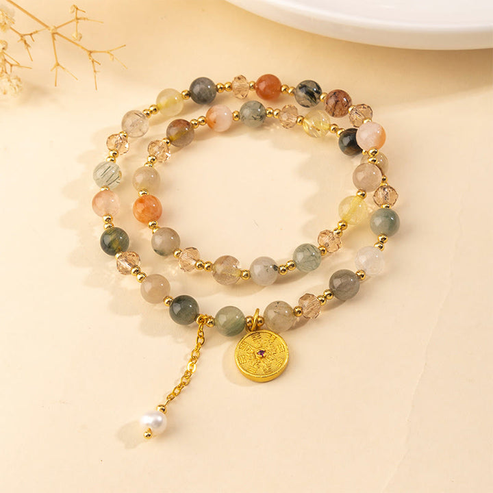 Pulsera de doble vuelta de cuarzo rutilado de colores con Buddha Stones y cobre para la buena fortuna - image 1