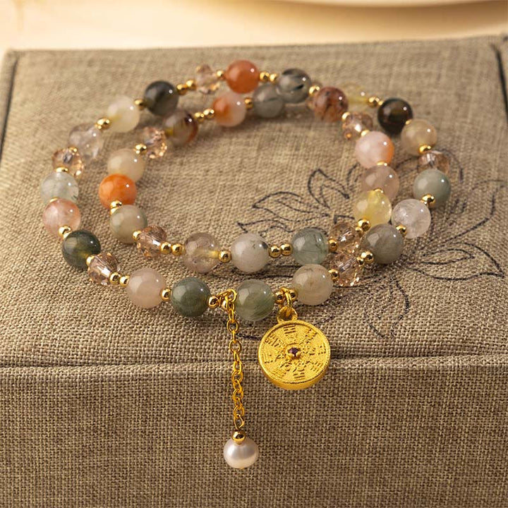 Pulsera de doble vuelta de cuarzo rutilado de colores con Buddha Stones y cobre para la buena fortuna - Cuarzo rutilado (circunferencia de la muñeca: 16-17 cm) - image 0