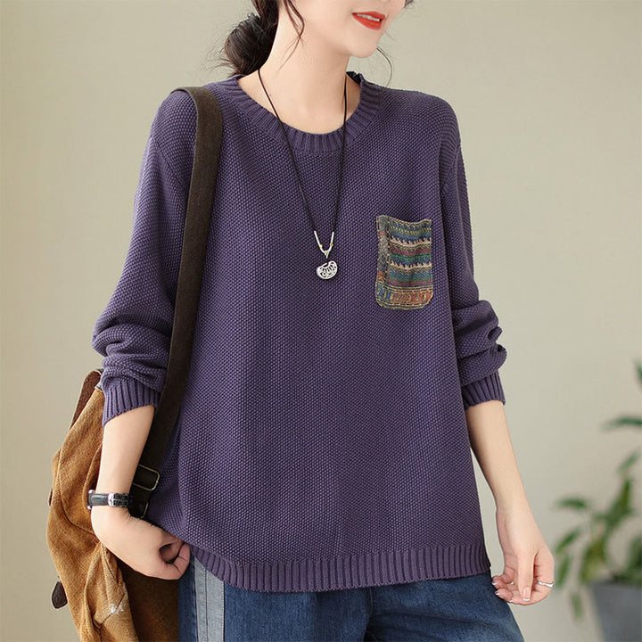 Suéter de manga larga para mujer, tejido de algodón, con bolsillo decorativo y estampado floral otoñal con Buddha Stones. - Púrpura - US4-6, UK/AU8-10, EU36-38 (F) - image 11