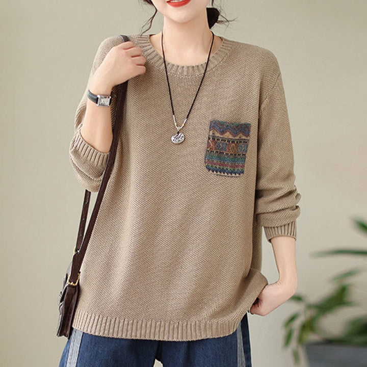 Suéter de manga larga para mujer, tejido de algodón, con bolsillo decorativo y estampado floral otoñal con Buddha Stones. - image 5