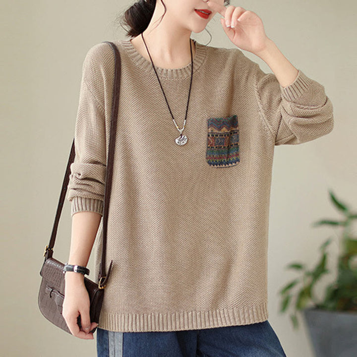 Suéter de manga larga para mujer, tejido de algodón, con bolsillo decorativo y estampado floral otoñal con Buddha Stones. - image 4