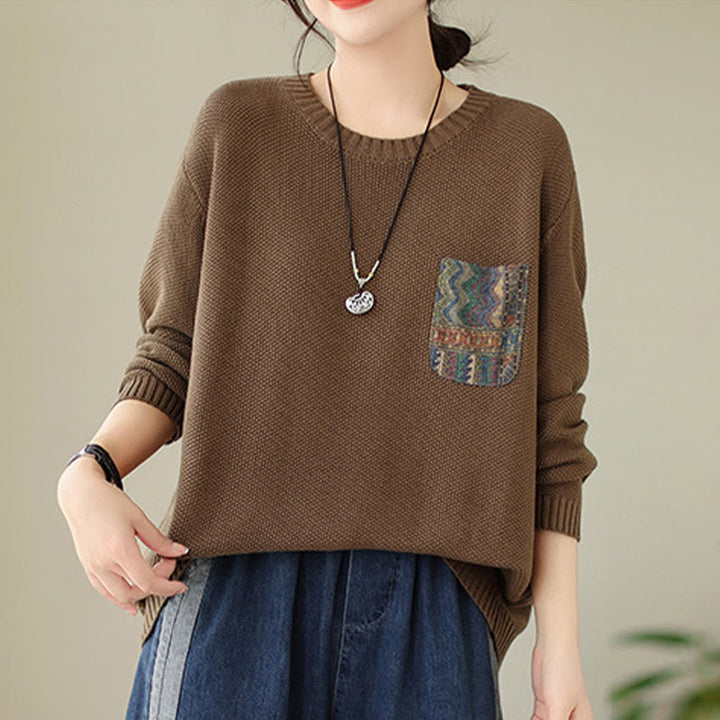 Suéter de manga larga para mujer, tejido de algodón, con bolsillo decorativo y estampado floral otoñal con Buddha Stones. - image 15