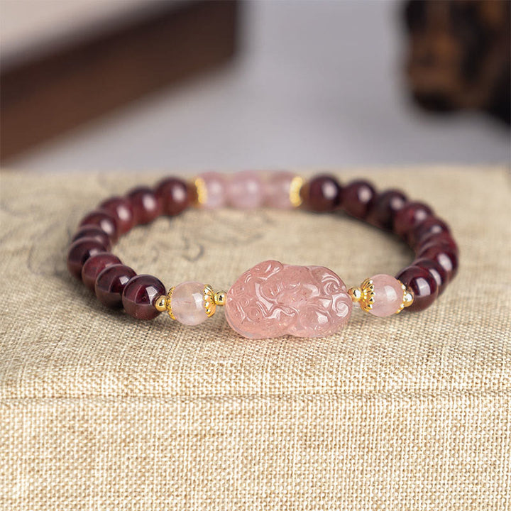 Pulsera de la suerte Pixiu de cuarzo fresa y granate con Buddha Stones - Cristal rosa granate (circunferencia de la muñeca: 14-16 cm) - image 0