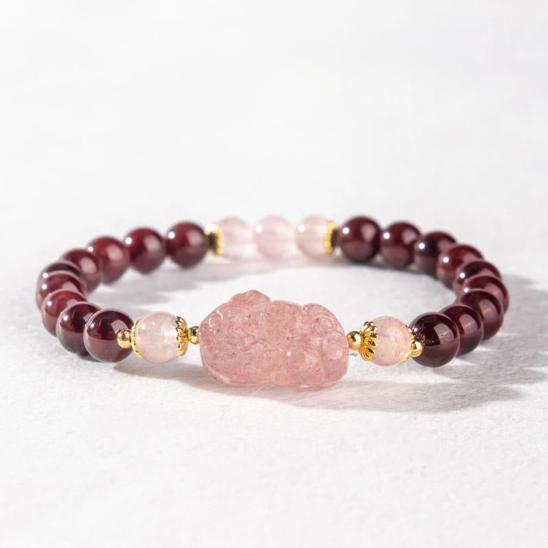 Pulsera de la suerte Pixiu de cuarzo fresa y granate con Buddha Stones - image 3