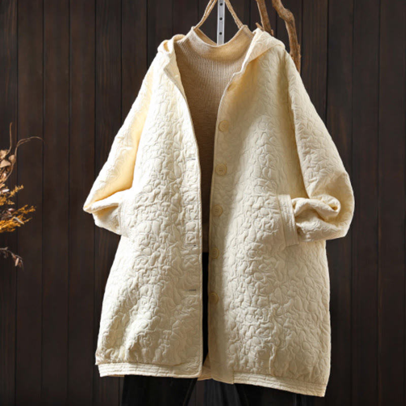 Chaqueta de mujer de algodón jacquard de manga larga y largo medio con botones y estampado de Buddha Stones, con bolsillos. - seda de maíz - US12，UK/AU16，EU44 (XL) - image 13