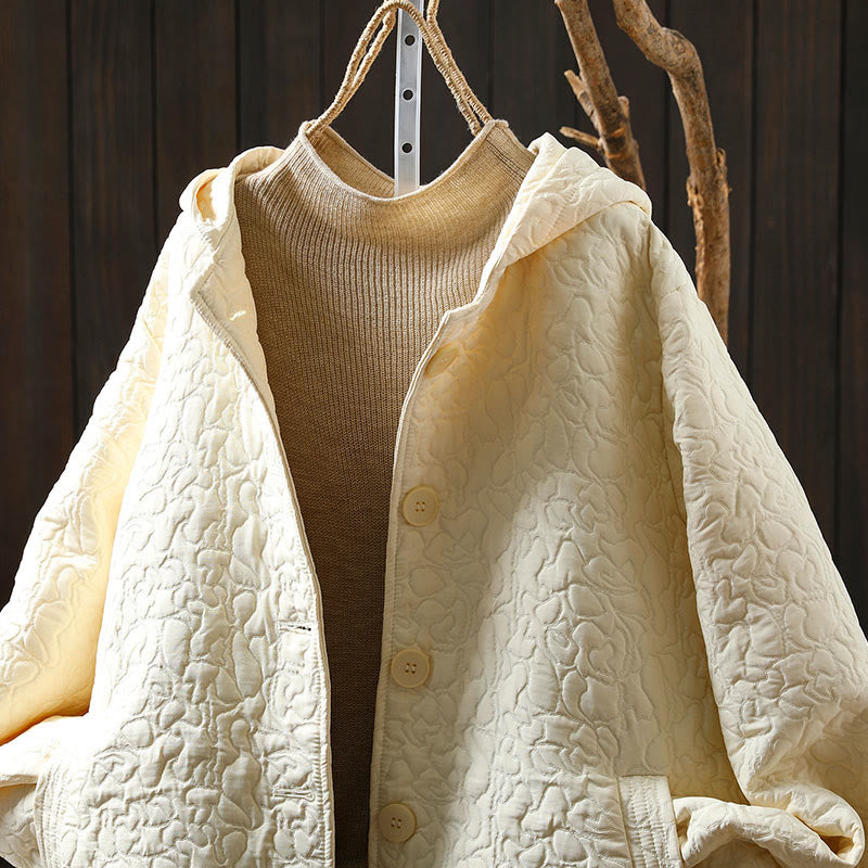 Chaqueta de mujer de algodón jacquard de manga larga y largo medio con botones y estampado de Buddha Stones, con bolsillos. - image 14