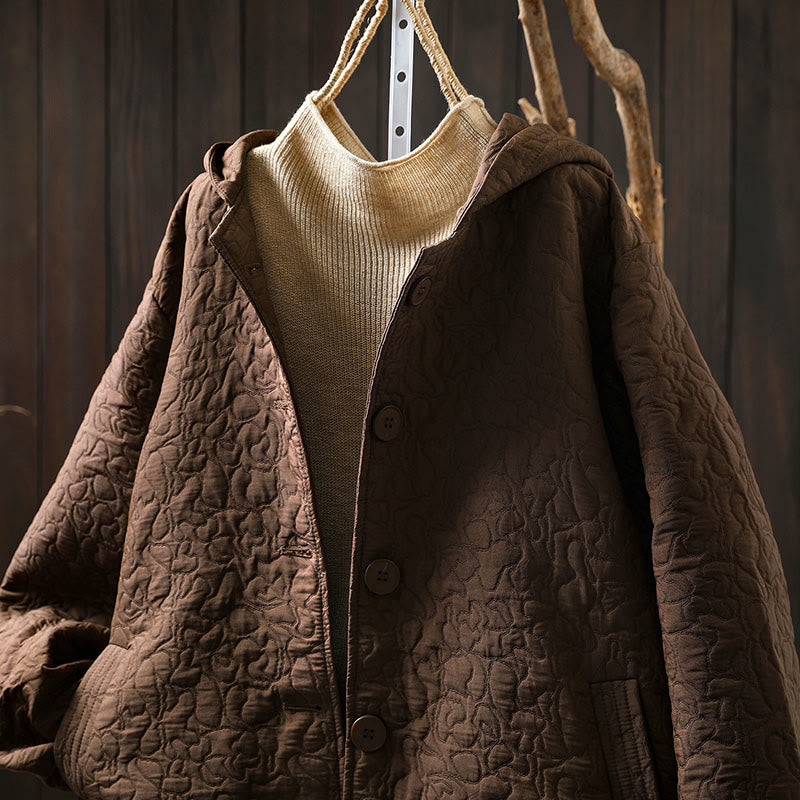 Chaqueta de mujer de algodón jacquard de manga larga y largo medio con botones y estampado de Buddha Stones, con bolsillos. - image 12