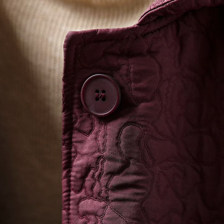 Chaqueta de mujer de algodón jacquard de manga larga y largo medio con botones y estampado de Buddha Stones, con bolsillos. - image 6