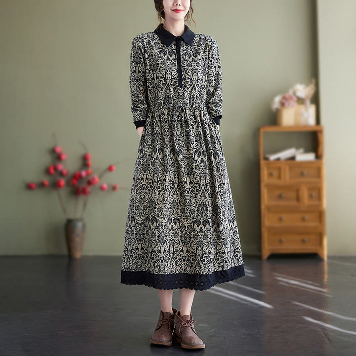 Vestido midi de algodón con estampado étnico de Buddha Stones, manga larga con cordón ajustable y bolsillos. - Negro - US8-10，UK/AU12-14，EU40-42 (2XL) - image 0