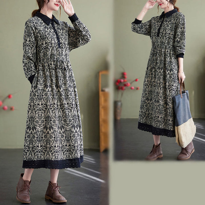 Vestido midi de algodón con estampado étnico de Buddha Stones, manga larga con cordón ajustable y bolsillos. - image 3