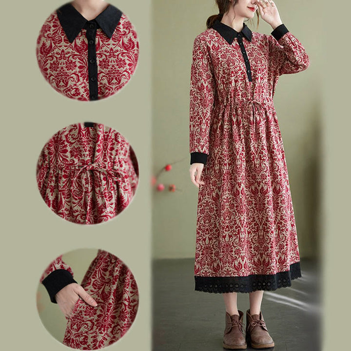 Vestido midi de algodón con estampado étnico de Buddha Stones, manga larga con cordón ajustable y bolsillos. - image 10