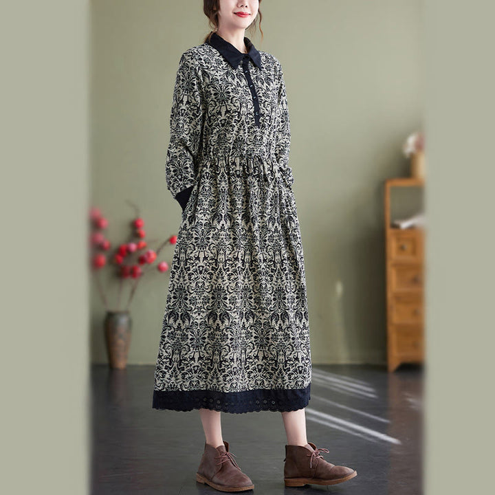 Vestido midi de algodón con estampado étnico de Buddha Stones, manga larga con cordón ajustable y bolsillos. - image 2