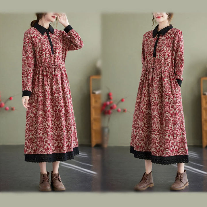 Vestido midi de algodón con estampado étnico de Buddha Stones, manga larga con cordón ajustable y bolsillos. - image 9