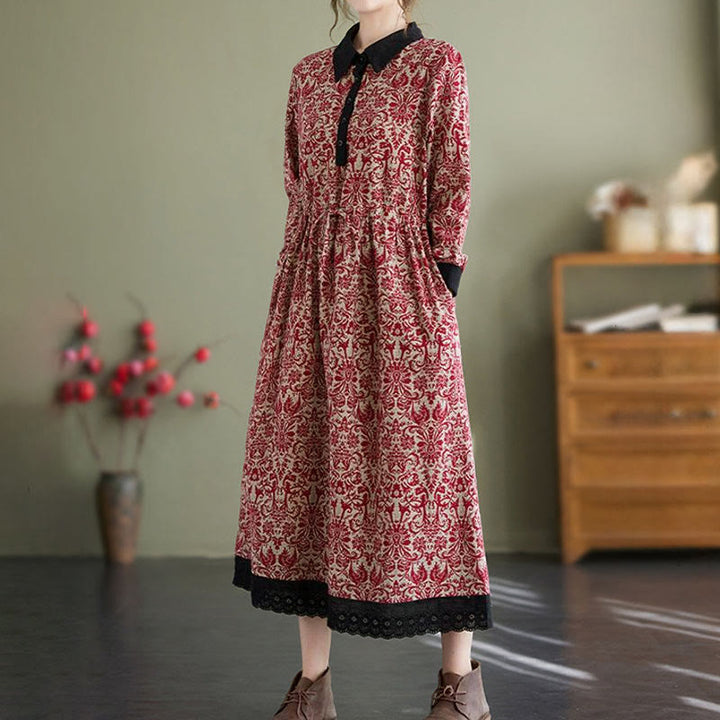 Vestido midi de algodón con estampado étnico de Buddha Stones, manga larga con cordón ajustable y bolsillos. - image 7