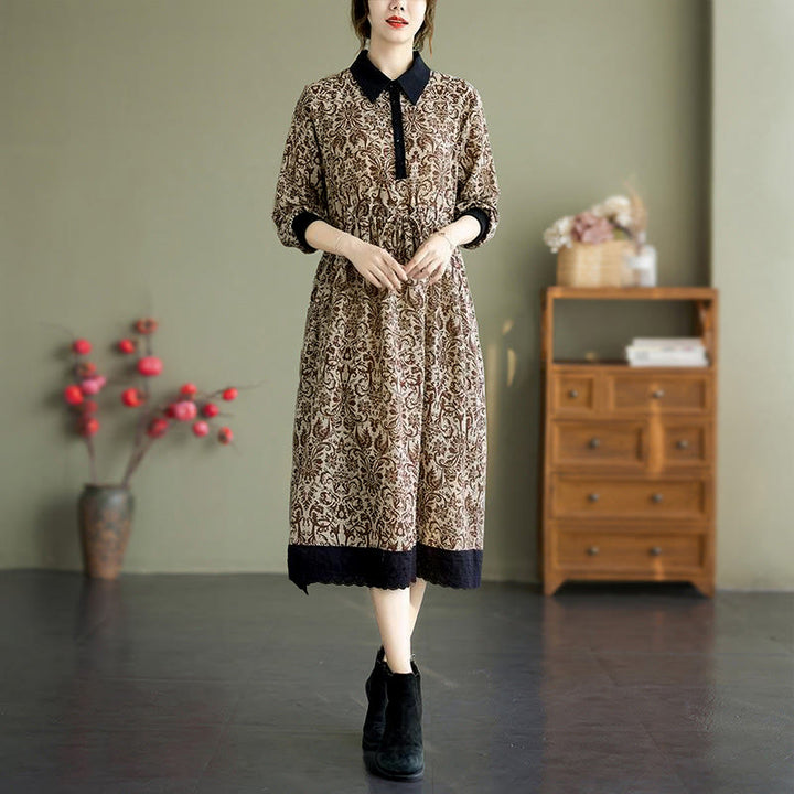 Vestido midi de algodón con estampado étnico de Buddha Stones, manga larga con cordón ajustable y bolsillos. - Marrón silla de montar - US8-10，UK/AU12-14，EU40-42 (2XL) - image 18