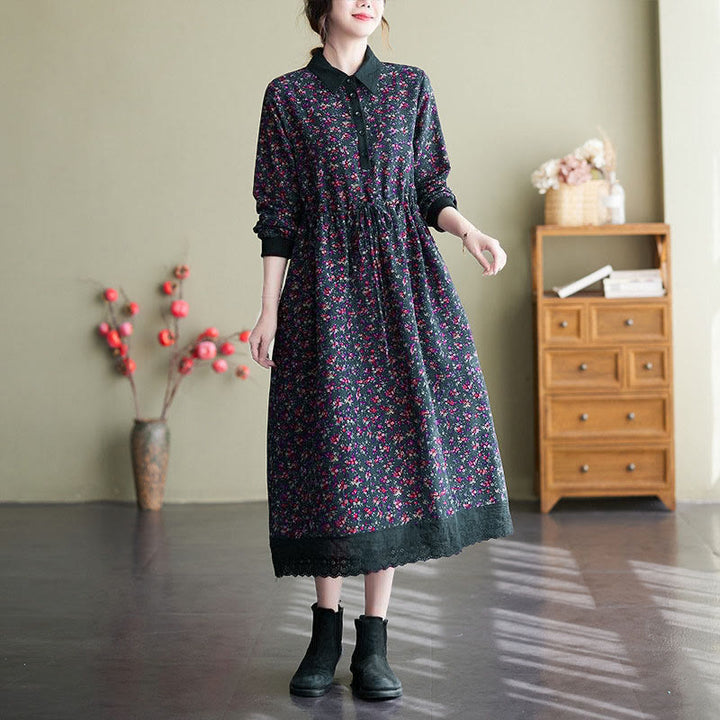 Vestido midi de algodón con estampado étnico de Buddha Stones, manga larga con cordón ajustable y bolsillos. - Gris pizarra oscuro - US8-10，UK/AU12-14，EU40-42 (2XL) - image 24