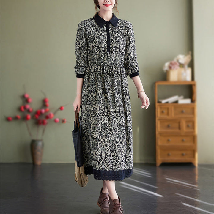 Vestido midi de algodón con estampado étnico de Buddha Stones, manga larga con cordón ajustable y bolsillos. - image 1