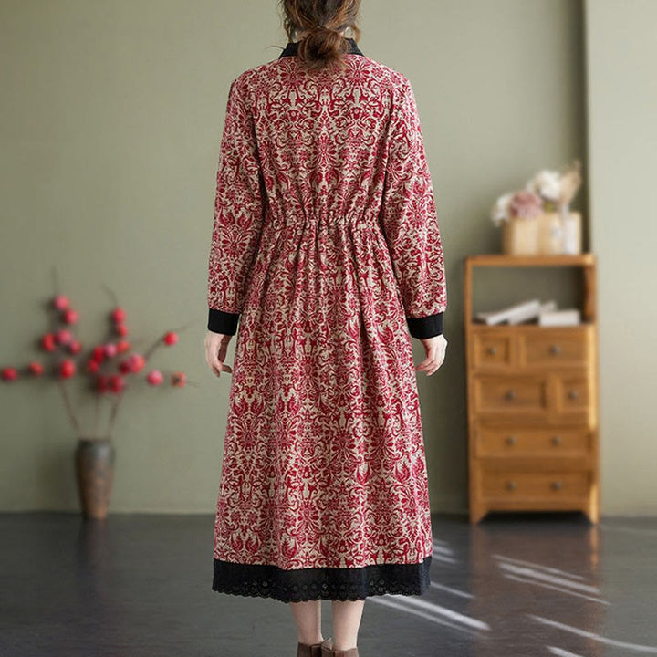 Vestido midi de algodón con estampado étnico de Buddha Stones, manga larga con cordón ajustable y bolsillos. - image 6