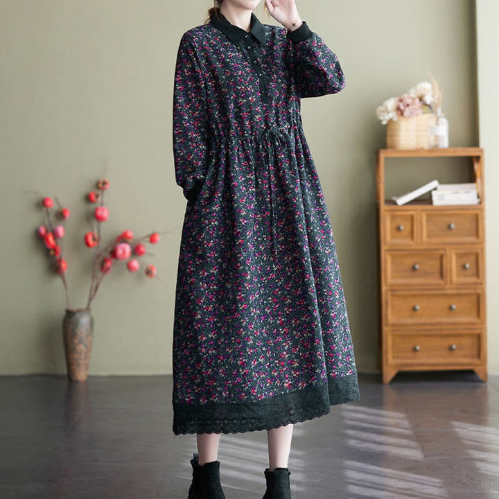 Vestido midi de algodón con estampado étnico de Buddha Stones, manga larga con cordón ajustable y bolsillos. - image 25