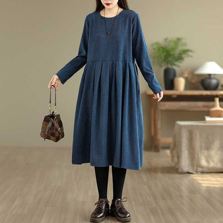 Vestido midi liso azul oscuro de pana con mangas largas y bolsillos, estampado de Buddha Stones. - image 4