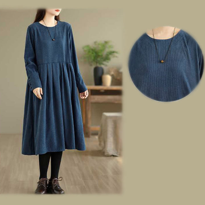 Vestido midi liso azul oscuro de pana con mangas largas y bolsillos, estampado de Buddha Stones. - image 15