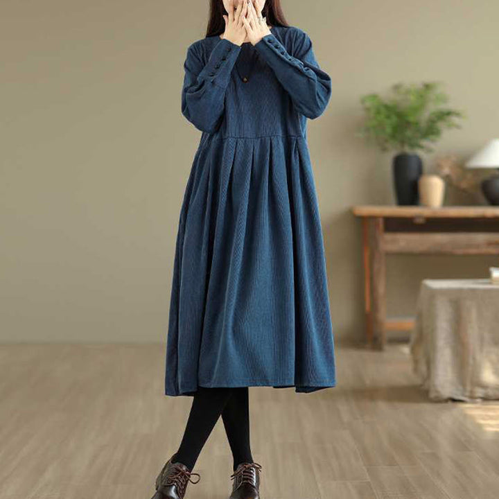 Vestido midi liso azul oscuro de pana con mangas largas y bolsillos, estampado de Buddha Stones. - image 7