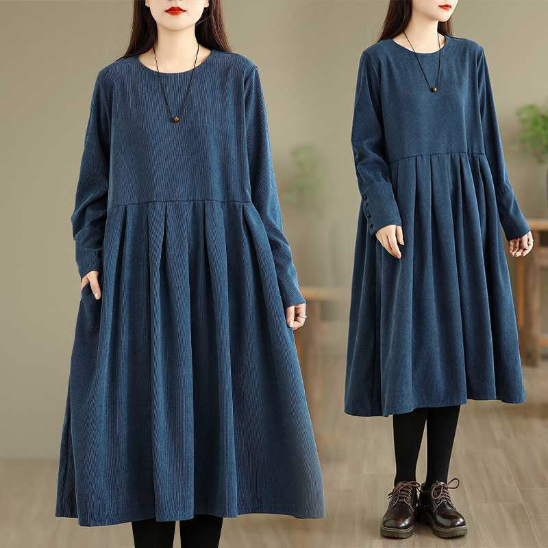 Vestido midi liso azul oscuro de pana con mangas largas y bolsillos, estampado de Buddha Stones. - Azul oscuro - US8-10, UK/AU12-14, EU40-42 (XL) - image 0
