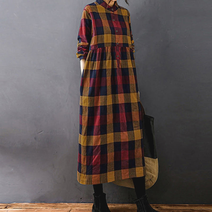 Vestido midi de algodón de manga larga a cuadros de colores con estampado patchwork de Buddha Stones Commute - image 18