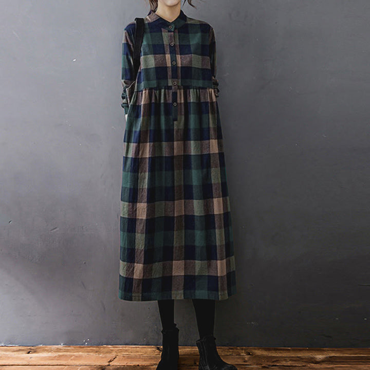 Vestido midi de algodón de manga larga a cuadros de colores con estampado patchwork de Buddha Stones Commute - Cuadros verde oscuro y azul oscuro - US8-10，UK/AU12-14，EU40-42 (2XL) - image 0