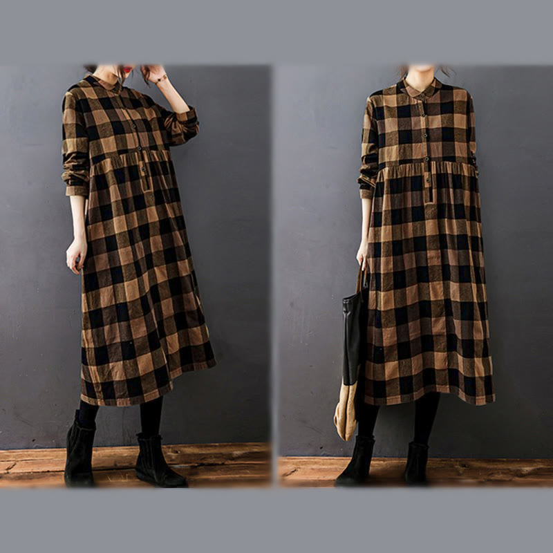 Vestido midi de manga larga a cuadros con estampado de retazos y Buddha Stones para desplazamientos diarios. - image 13