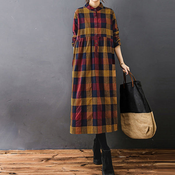 Vestido midi de algodón de manga larga a cuadros de colores con estampado patchwork de Buddha Stones Commute - image 17