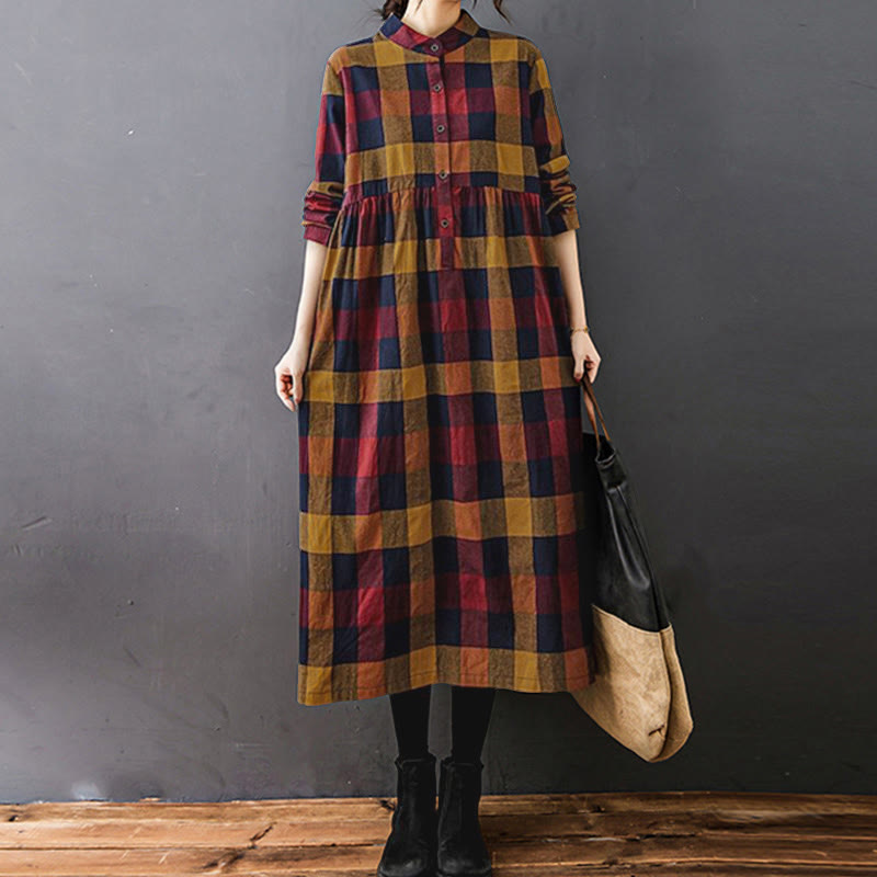 Vestido midi de algodón de manga larga a cuadros de colores con estampado patchwork de Buddha Stones Commute - image 16
