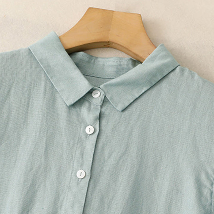 Vestido midi de algodón de manga larga con diseño de botones lisos y bolsillos, estampado de Buddha Stones para el otoño. - image 7