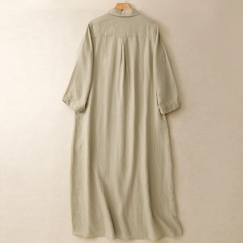 Vestido midi de algodón de manga larga con diseño de botones lisos y bolsillos, estampado de Buddha Stones para el otoño. - image 10