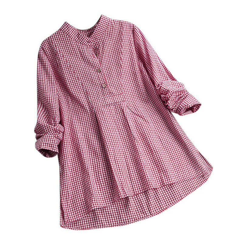 Camisa de manga larga a cuadros con botones y estampado de Buddha Stones para mujer - Carmesí - US16, UK/AU20, EU48 (5XL) - image 1
