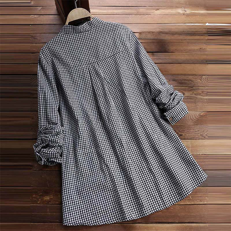 Camisa de manga larga a cuadros con botones y estampado de Buddha Stones para mujer - image 7