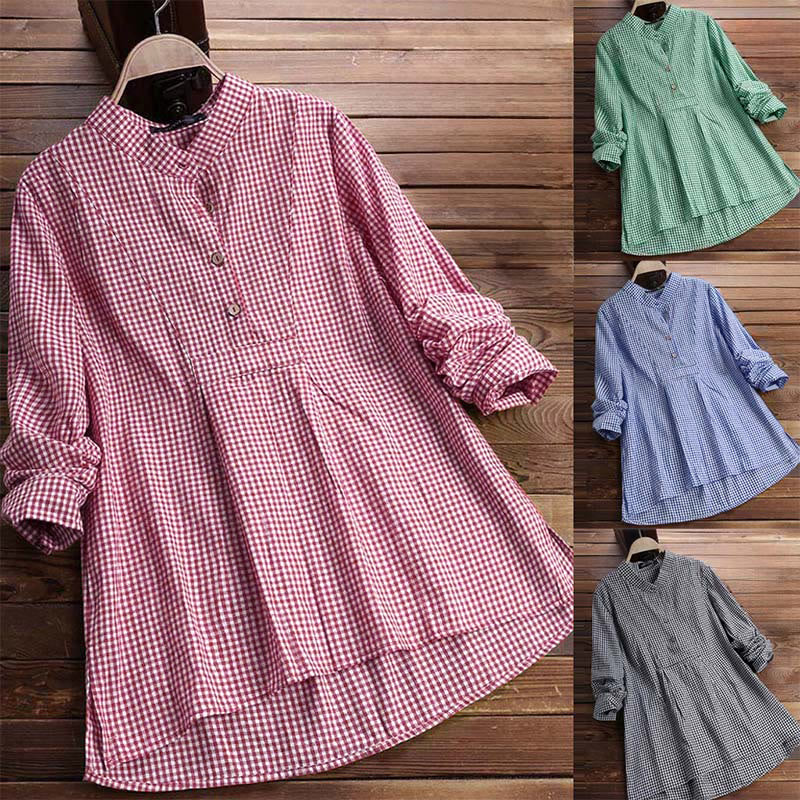 Camisa de manga larga a cuadros con botones y estampado de Buddha Stones para mujer - image 16